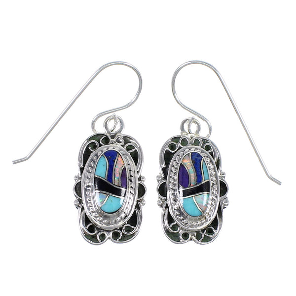 Southwest Sterling Silver Multicolor Inlay Hook Dangle Earrings RX70436